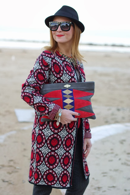 Mohekann Navajo clutch, Asos studded sunglasses, knit coatigan, Fashion and Cookies, fashion blogger