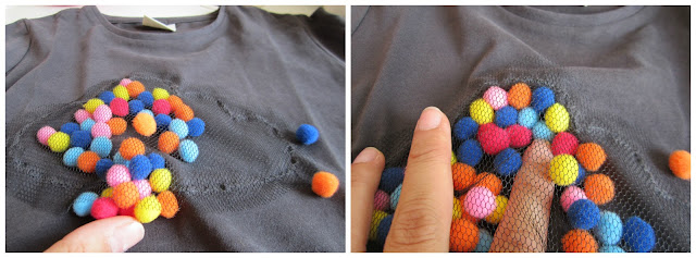 mis nancys, mis peques y yo, tutorial aplique camiseta con pompones, introducir pompones colores