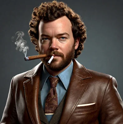 Ultimate nasty pervert Danny Masterson wearing a brown leather blazer and smoking a cigar with another one floating in front of his face
