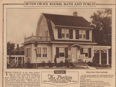 black and white and sepia drawing of Sears Puritan in the 1925 Sears Modern Homes catalog