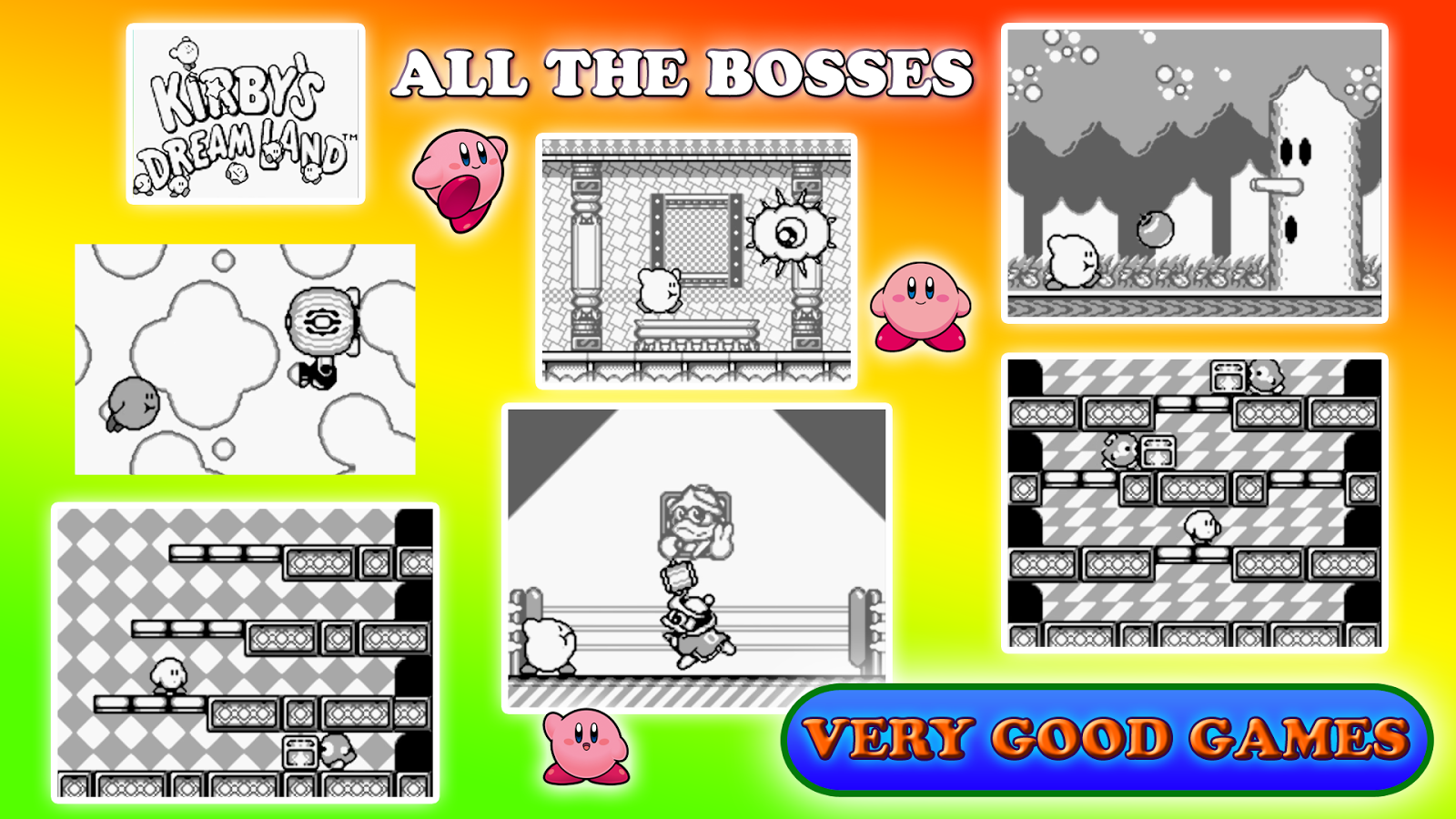 A banner with screenshots from the Kirby’s Dream Land game - battles with all 5 bosses