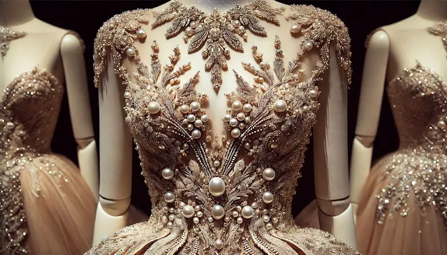 Selection of high-quality fabrics like silk and velvet used in haute couture fashion