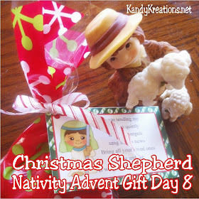 Celebrate with the Christmas shepherd as you count down to Christmas with this Nativity advent gift idea.  Give a nativity character and sweet treat each day to help bring a little Christ into Christmas. Day 8 is the last of the Christmas shepherds and his chocolate sheep patties Christmas candy. #nativity #christmas #advent #bagtopper #countdown #diypartymomblog