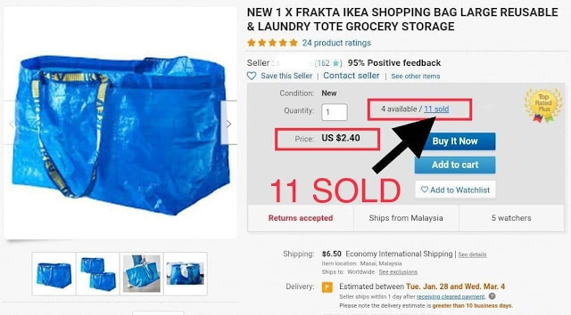 Jual Beg Ikea di ebay pada harga USD2.40 (RM9.60) - 11 Unit Sold