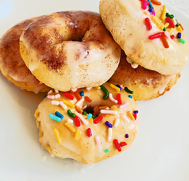 biscuit air fried donuts frosted with sprinkles and cinnamon sugar