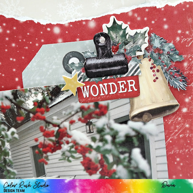 Christmas scrapbook layout created with the Simple Stories Simple Vintage 'Tis The Season collection and festive Color Rush Studio embellishments.