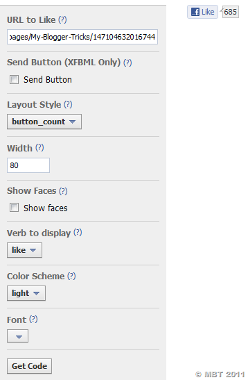 facebook like button with counter. Change layout Style to button-count. like button settings