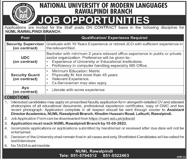 Jobs Available At NUML Rawalpindi 2023