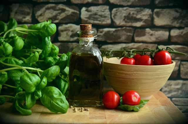 basil, olive oil and tomatoes