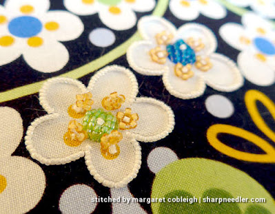 Bead embroidered flower detail. (Wild Child Japanese Bead Embroidery by Mary Alice Sinton)