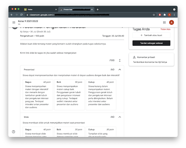 Contoh tampilan rubrik tugas di google classroom siswa