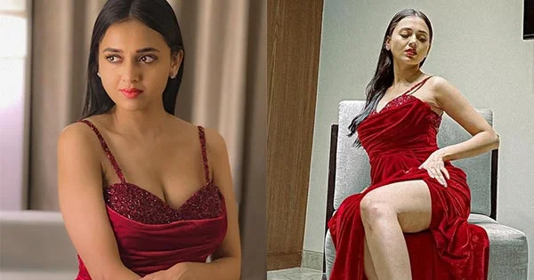 Tejasswi Prakash cleavage red dress