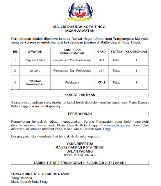 Jawatan Kosong Majlis Daerah Kota Tinggi (MDKT) - 15 