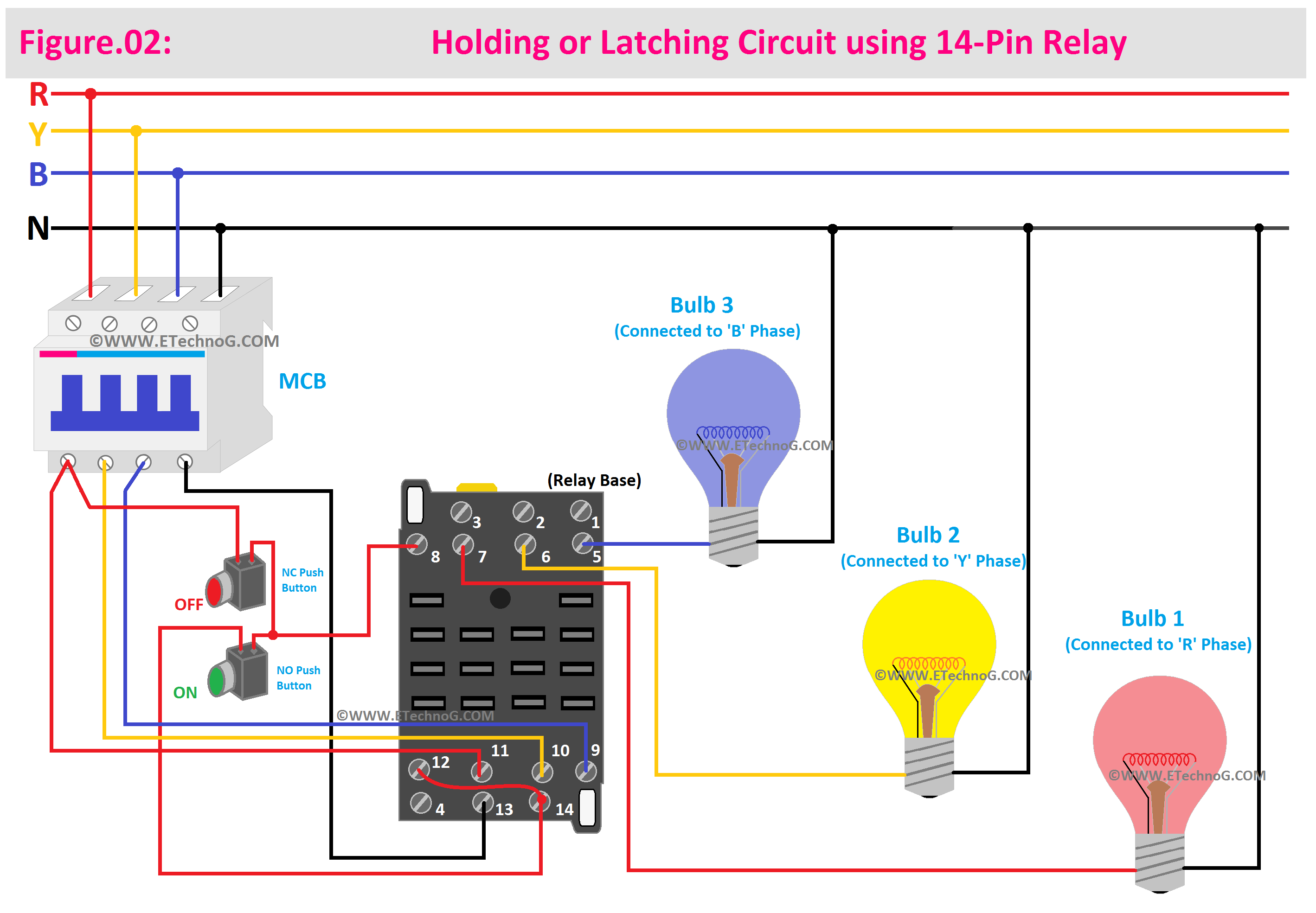 Holding or Latching Circuit using 14-Pin Relay, 14-Pin Relay Circuit Diagram