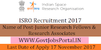 Indian Space Research Organization Recruitment 2017–84 Junior Research Fellows & Research Associates