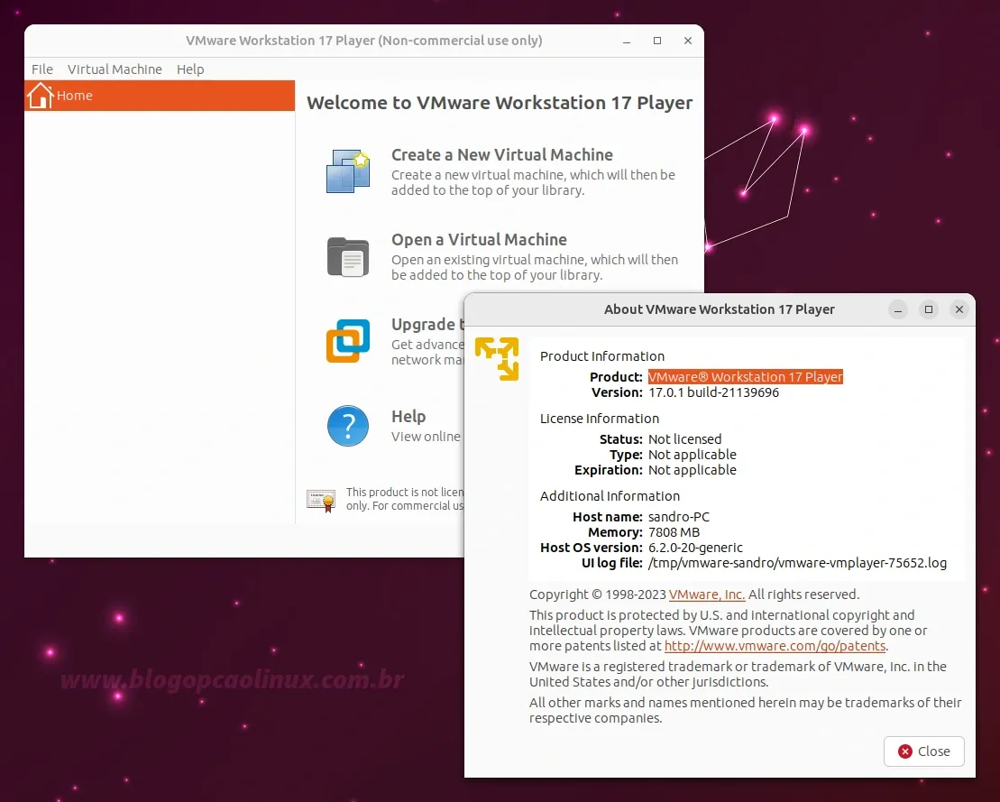 VMware Workstation Player executando no Ubuntu 23.04 (Lunar Lobster)