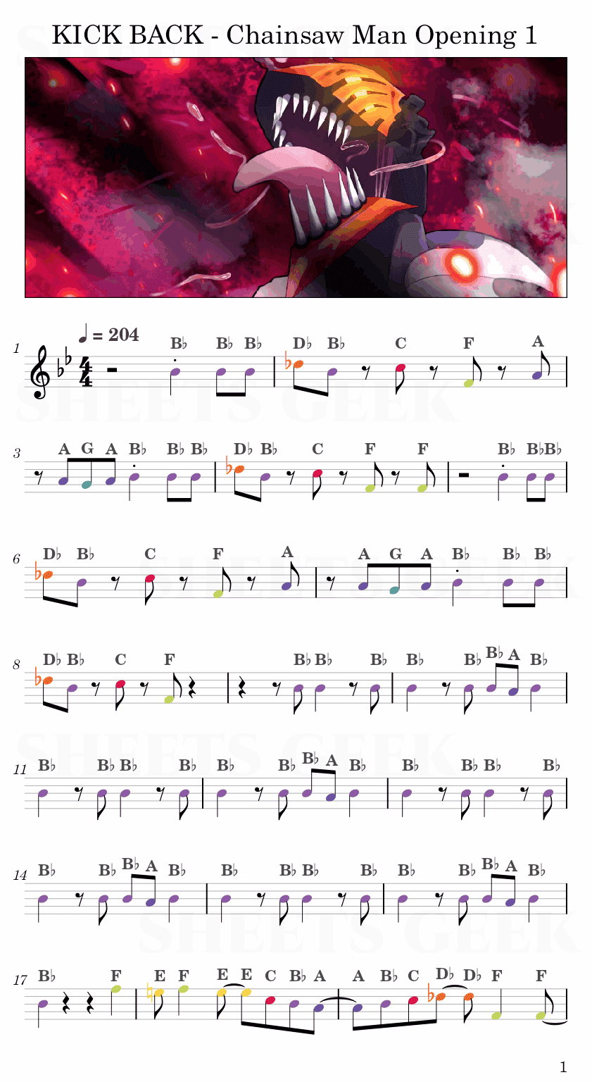 KICK BACK by Kenshi Yonezu (米津 玄師) - Chainsaw Man Opening 1 Easy Sheet Music Free for piano, keyboard, flute, violin, sax, cello page 1