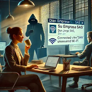 Oficina de 'Su Empresa SAS' en Colombia. Ana revisa un correo de la DIAN mientras toma café, sin saber que es un intento de phishing. Al fondo, el gerente Don Jorge trabaja en su laptop sin notar que está en una red Wi-Fi no segura. Reflejos en la pantalla insinúan la presencia de hackers acechando. Un ambiente profesional con una amenaza de ciberseguridad oculta.