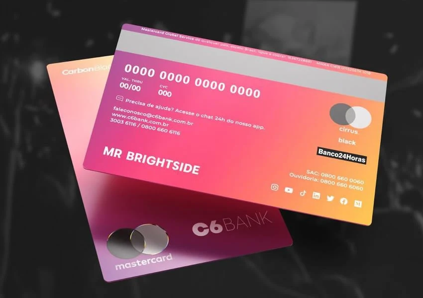 A imagem mostra o cartão de crédito sem anuidade do banco digital C6 Bank em posições diferentes.