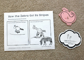 Tessa's completed “How the Zebra Got Its Stripes” story prompt. First, she drew how the zebra looked before it got its stripes. Then, she drew how the zebra got its stripes...a striped snake slithered underneath the zebra's hooves. The snake's stripes transferred onto the zebra. The zebra graphic shows how the zebra looks today.