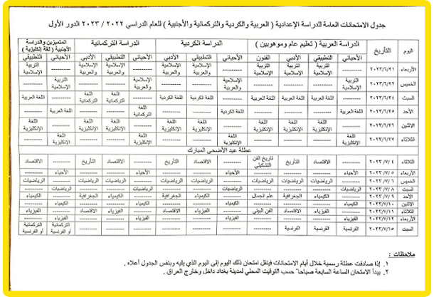 جدول السادس الإعدادي 2023