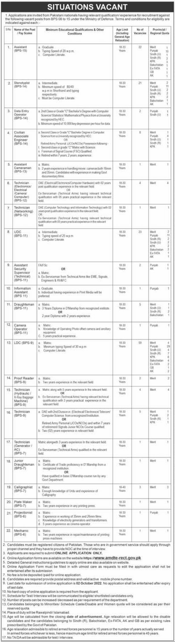 https://www.amdte-rect.gov.pk MOD Jobs 2022 Online Apply - www.amdte-rect.gov.pk Ministry of Defence September Jobs 2022 Online Apply - Ministry of Defence Online Job Portal