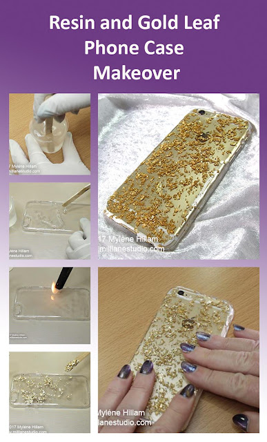 Step by step project sheet for how to makeover your phonecase with resin and gold leaf.