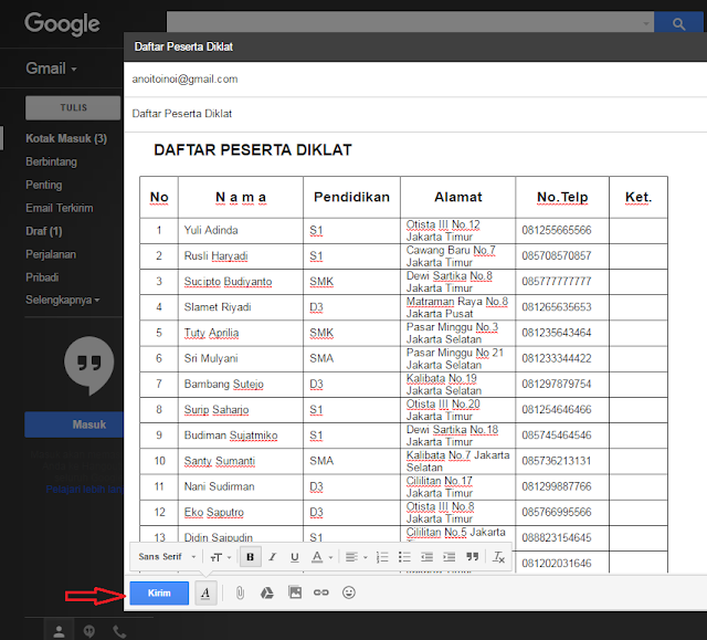 membuat tabel data di email