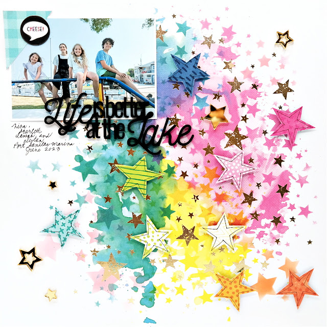 Lake life rainbow stars mixed media summer scrapbook layout with chipboard title.