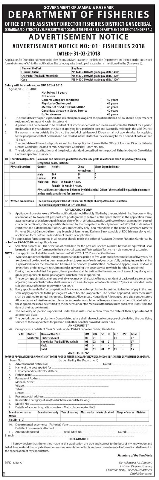 Department of Fisheries Ganderbal Recruitment 2018 for 15 Class IV Posts