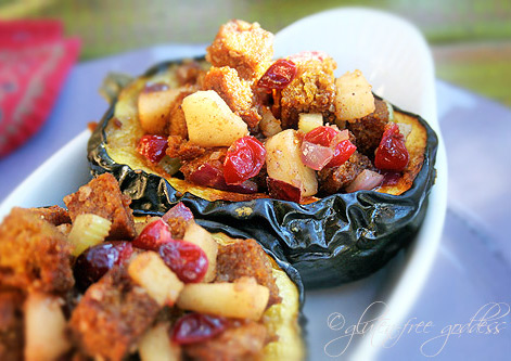 Gluten free and vegetarian stuffed acorn squash with cornbread stuffing