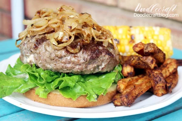 I didn't use any extra sauce on the burger, it's full of flavor and juicy.  Top the burger with those yummy caramelized onions.   Serve with grilled corn and air fried fries.