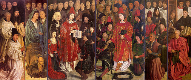 quadro em forma de um políptico mostrando a corte portuguesa da época de 1470 a 1480, com foco no infante Dom Henrique