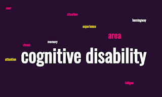 word cloud for cognitive disabilities: words include cognitive, disability,  area , attention , experience,  fatigue , hemingway,  memory , situation , stress , user