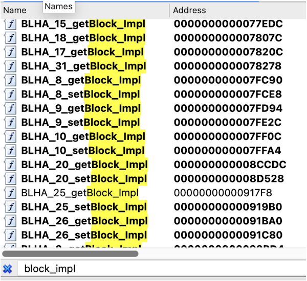 The IDA Pro Names window showing a list of symbols like BLHA_15_getBlock_Impl.