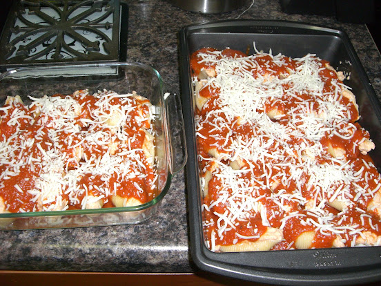 Shells topped with tomato sauce and mozzarella cheese