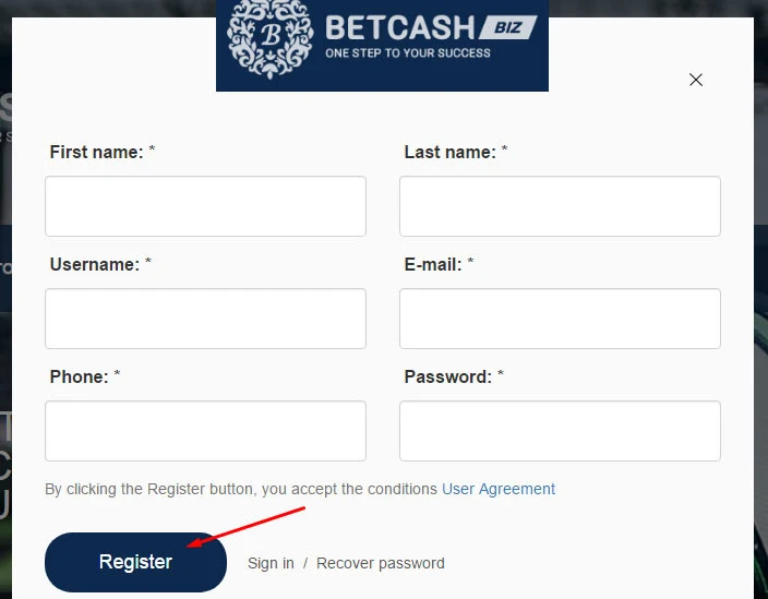 Регистрация в BetCash 2