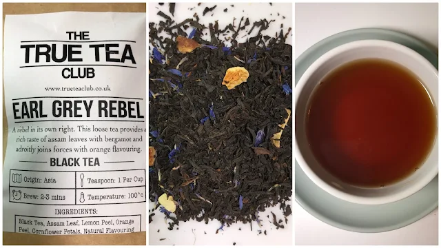 A collage of 3 pictures showing the Earl Grey Rebel tea packet, the loose tea with black leaves, a few blue petals and some orange peel and a cup of tea.