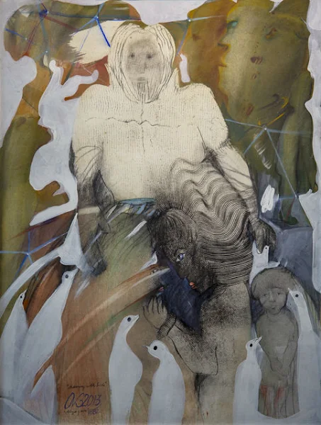 Figuras y pájaros blancos, C. 2013. Técnica mixta sobre papel. 101.8 × 83 cm. Imagen: Solonia Art Center.