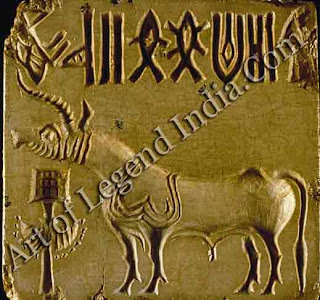 A bull standing before a censer. The most common symbol on Indus civilization seals, it suggests the connection with Iranian religion