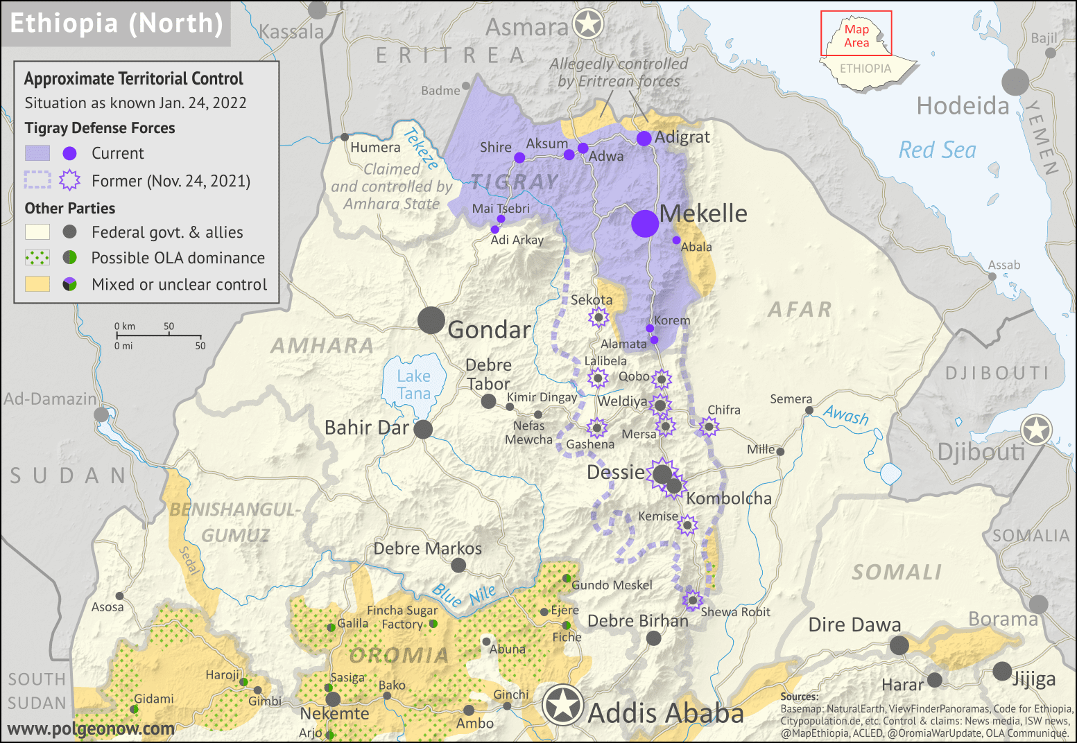 Ethiopia war map for late 2021 and early 2022, showing Tigray rebel control both at its height in November 2021, extending far down into Amhara state and near national capital Addis Ababa, and at present day (January 24, 2022). Also indicates areas claimed to be controlled by the Oromo Liberation Army in western and central Ethiopia. Colorblind accessible.