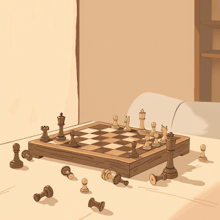A few chess pieces still stand while others are knocked over, representing the intense effort needed in studying openings and tactics.
