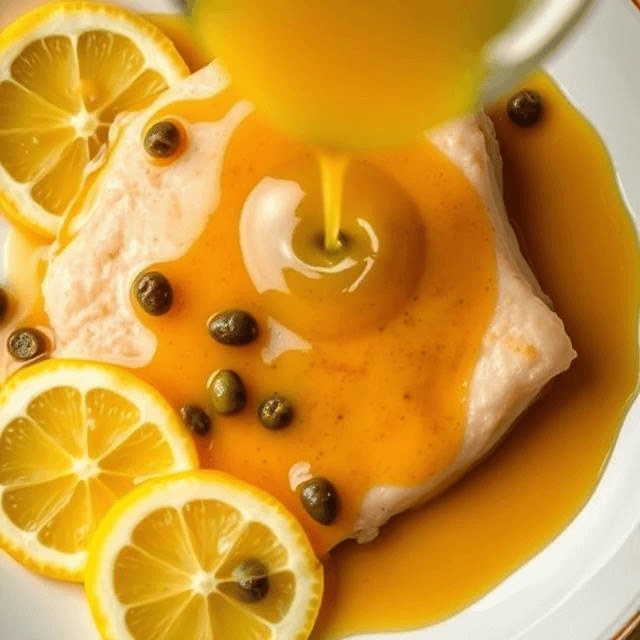 Piccata Sauce Drizzling Over a Plate Piccata sauce being poured over a plate with lemon slices and capers, captured in great detail with a Canon camera
