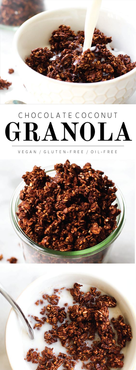 With 2 kinds of oats, crispy rice, and coconut flakes this Oil-Free Chocolate Coconut Granola is the ultimate crunchy, cluster-packed sweet snack or cereal!