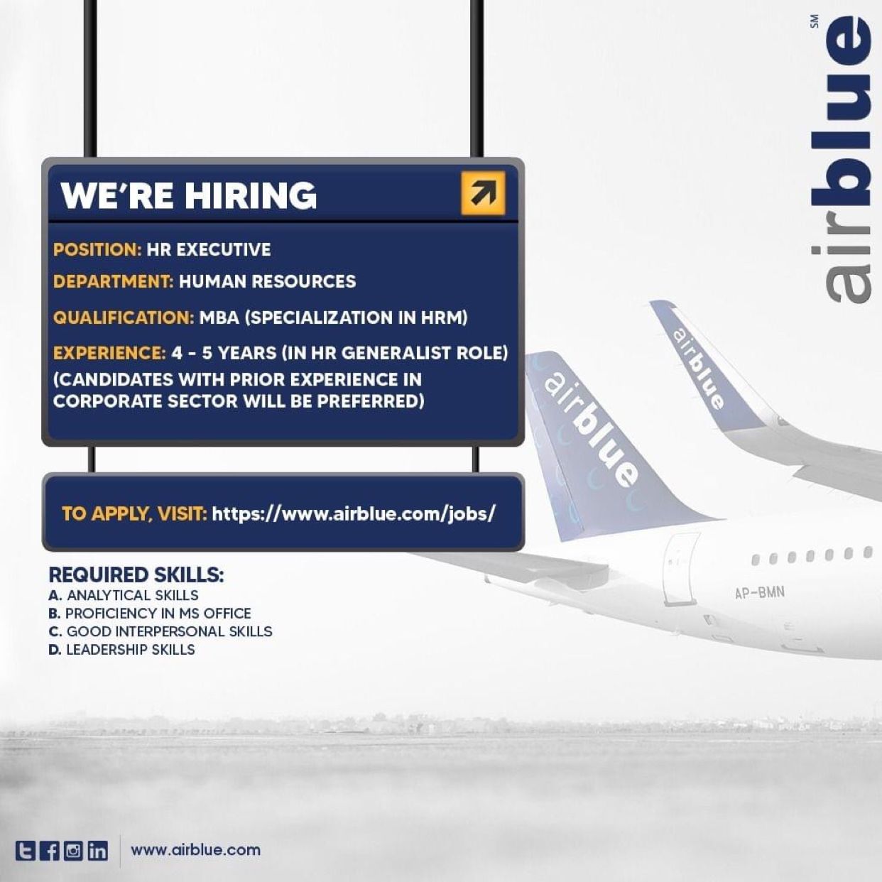AirBlue Pakistan Jobs For HR Executive