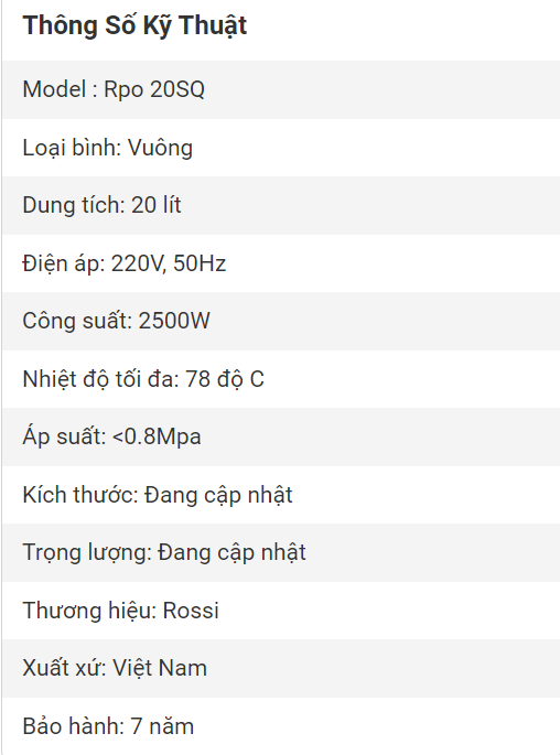 Bình Nóng Lạnh Rossi Puro 20 Lít Rpo 20SQ