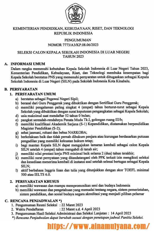 Rekrutmen melalui Seleksi Calon Kepala SILN (Sekolah Indonesia Di Luar Negeri) Tahun 2023