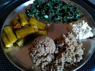 Kodo millet rice, Drumstick curry, Ponnaanganni greens poriyal, Coconut chutney