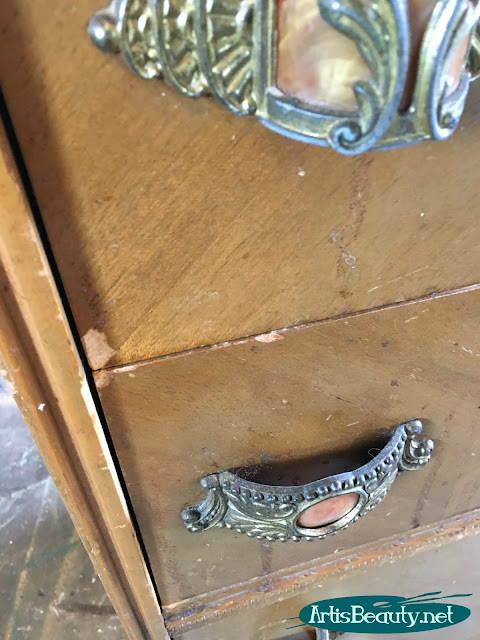 vintage waterfall chest of drawers dresser with bakelite ornate hardware given a makeover using general finishes milk paint and an Vintage Advertisement color transfer