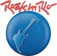 Logomarca do Festival Rock in Rio, com um Globo azul e a guitarra símbolo do festiva, e o titulo Rock in Rio em vermelho. 
